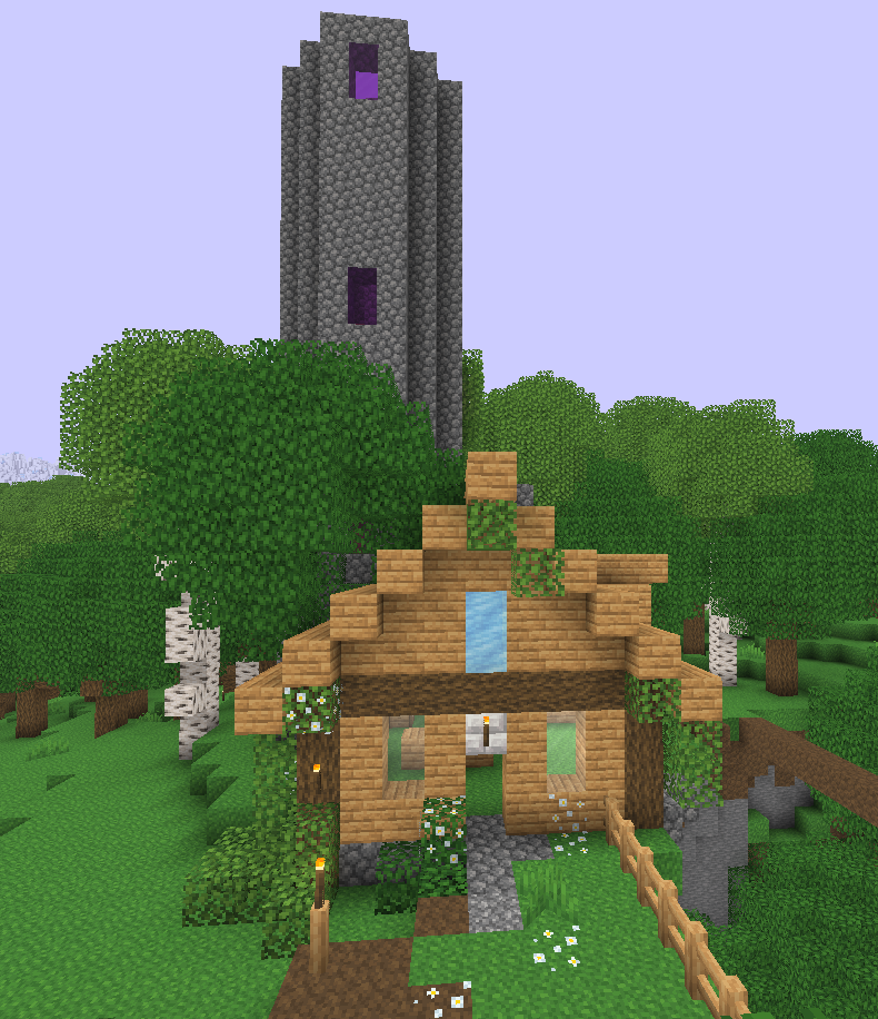 Screenshot of a wooden house built out of large voxels